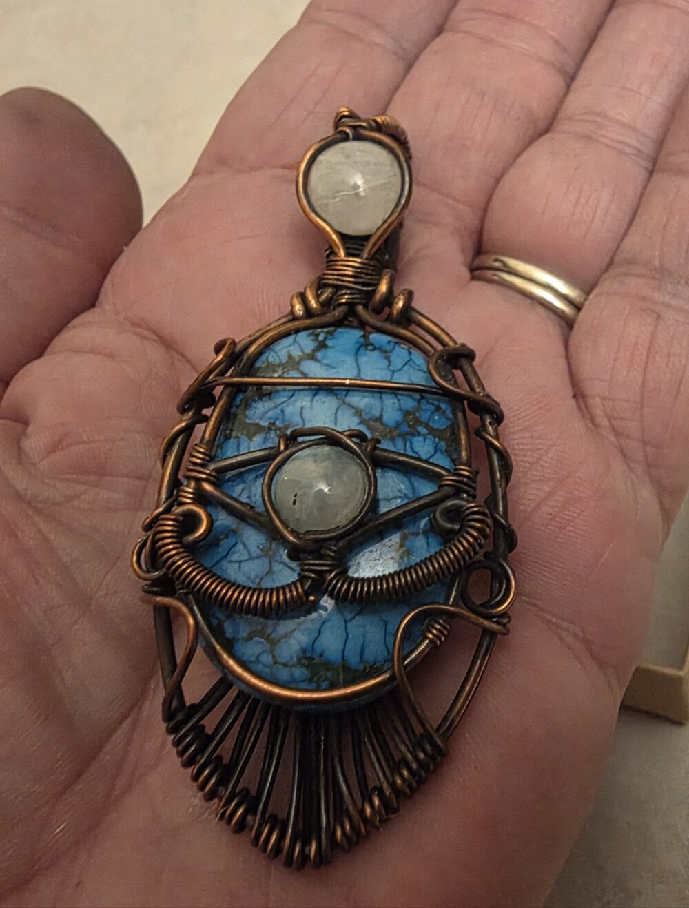 Copper Wire Wrapped Turquoise Pendant with Moonstone Accent